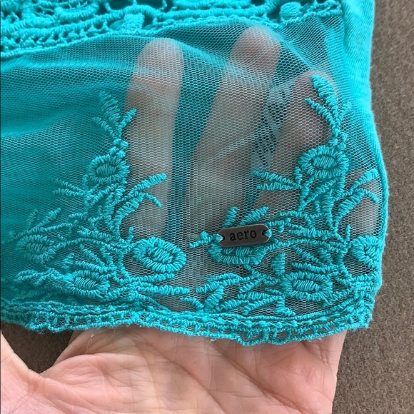 Aeropostale Lace Front Short Sleeve Shirt Top Small S Turquoise Blue - Picture 3 of 6